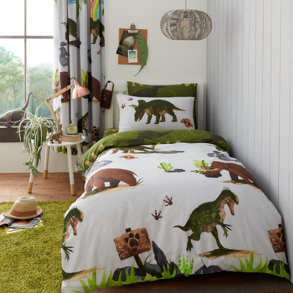 GC GAVENO CAVAILIA Dinosaur Bedset Single Animal Bedding Boys Girls, Reversible Quilt Cover, Comfy Duvet Set With Matching Pillowcase, Grey