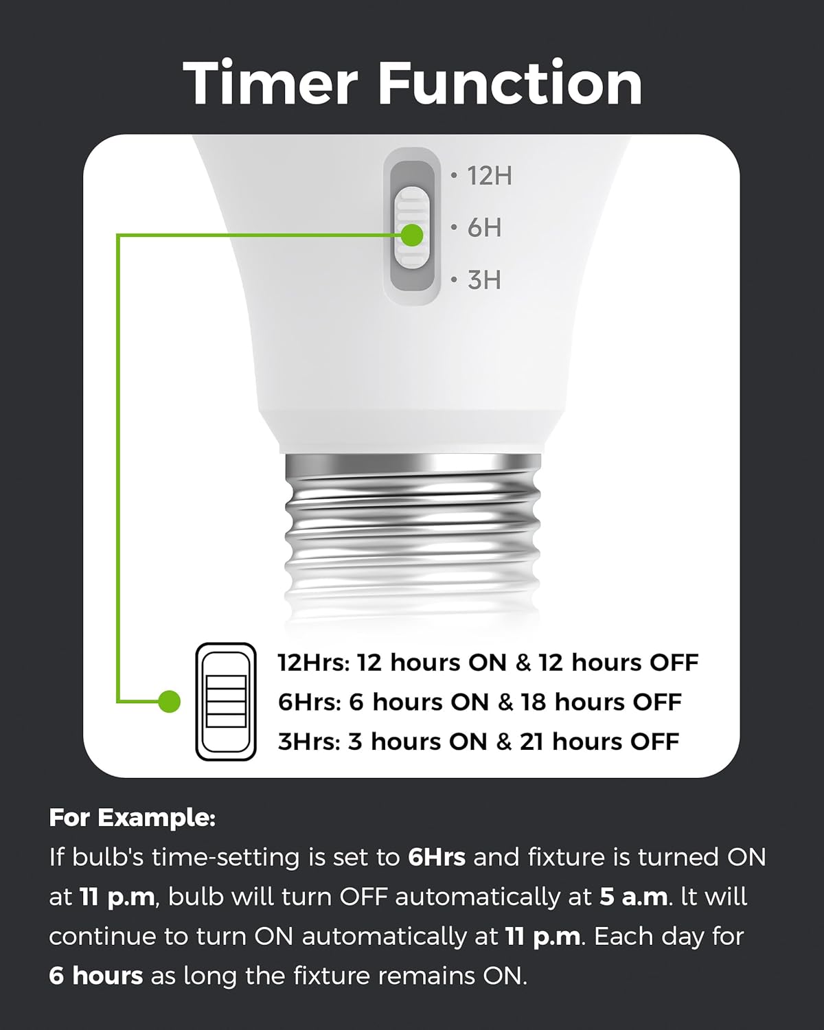 Timer Light Bulb, A19 Equivalent 100W LED Bulb, 12/6/3H Built-in Automatic Timer, 11W 5000K Daylight, 1200LM, E26 Base, Non-Dimmable, Auto On/Off for Outdoor & Indoor Security, 4 Pack