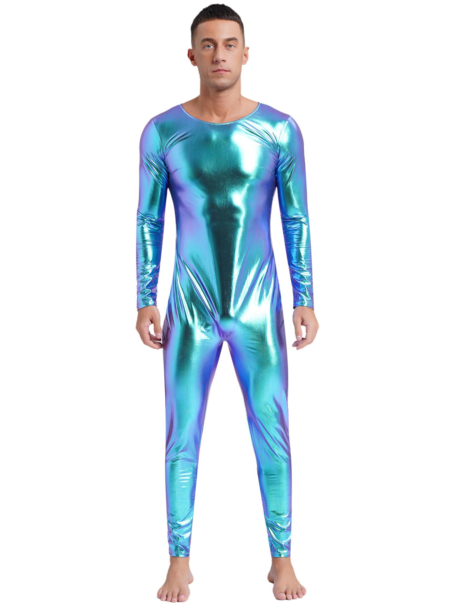 ranrann Homme Body Métallique Justaucorps Danse Manches Longues Combinaison Bodysuit Jumpsuit Unitard Clubwear