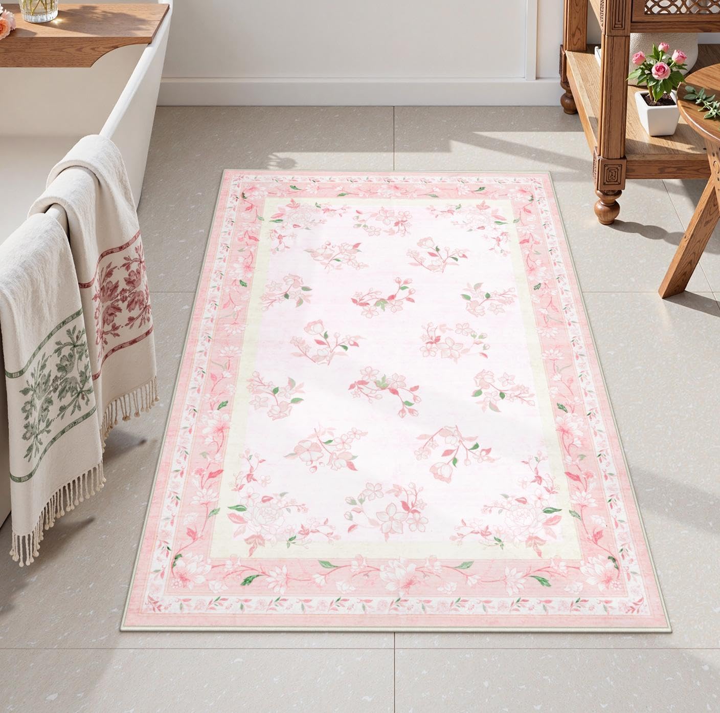 LIVEBOX Floral Pink Washable Entryway Rug, 2x3 Boho Bathroom Rugs Non Slip Soft Bedroom Accent Rug, Ultra Thin Flower Small Throw Rugs for Entryway Indoor Door Mat for Kitchen Bedside, Pink