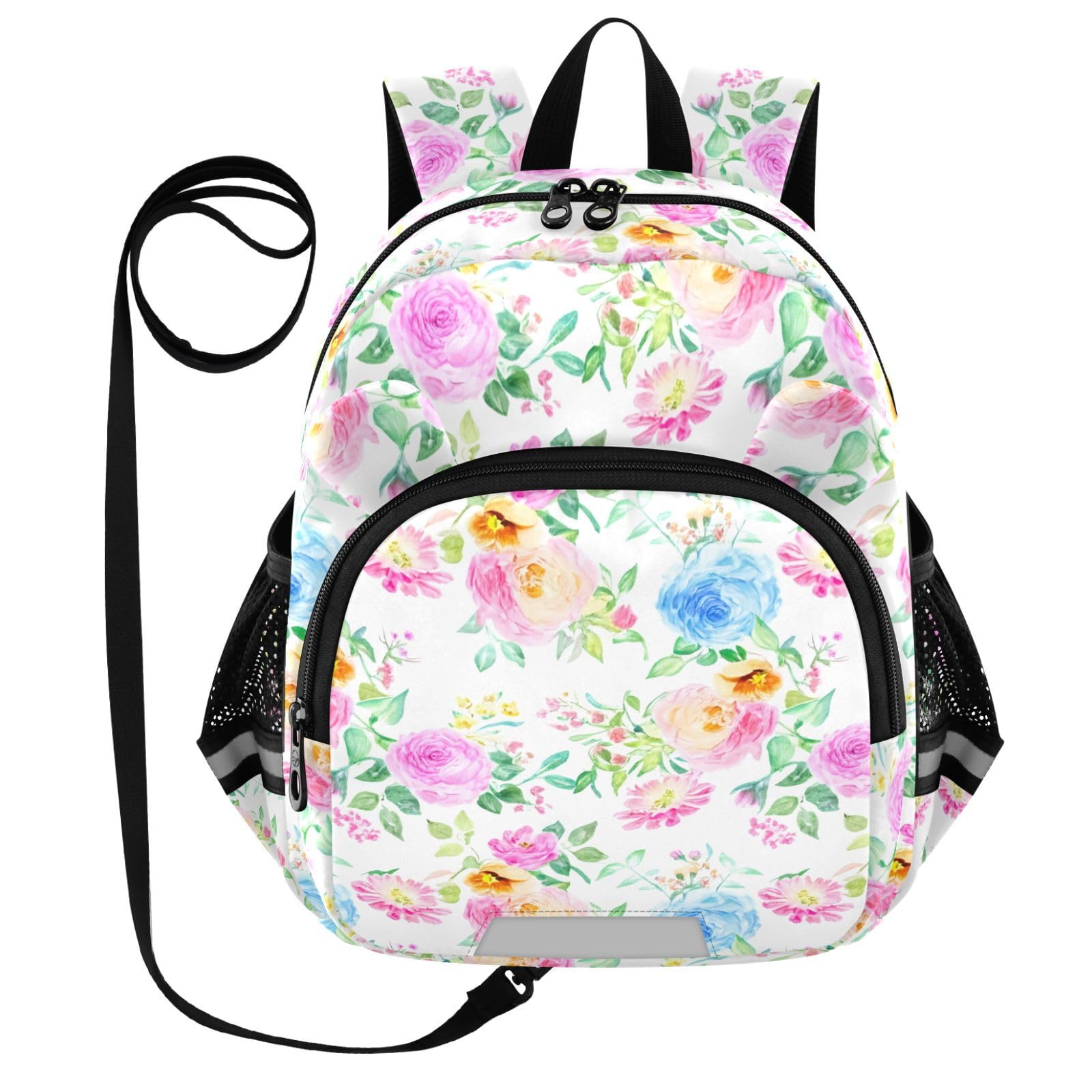 Watercolor Roses Floral White Toddler Harness Backpack for Boys Girls 3-6 Years Kids Backpack with Anti Lost Safety Leash Baby Protection Backpack for Walking Preschool Travel