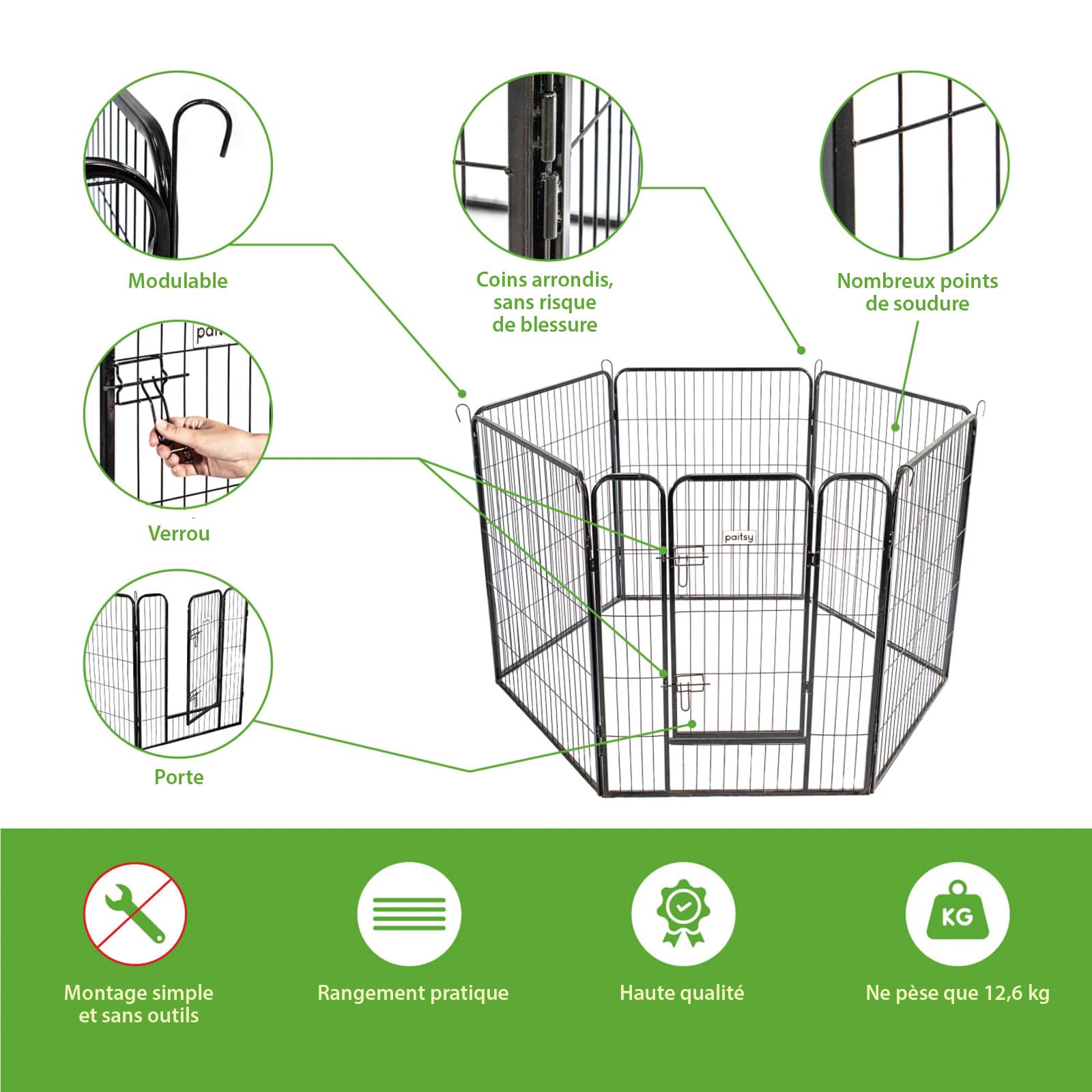 Parc Enclos pour Chien Chiot et Lapin GARDEO80x100x6, 6 Panneaux 80X100cm, 1,28M2, modulable, intérieur et extérieur, Pliable, Garantie 5 Ans