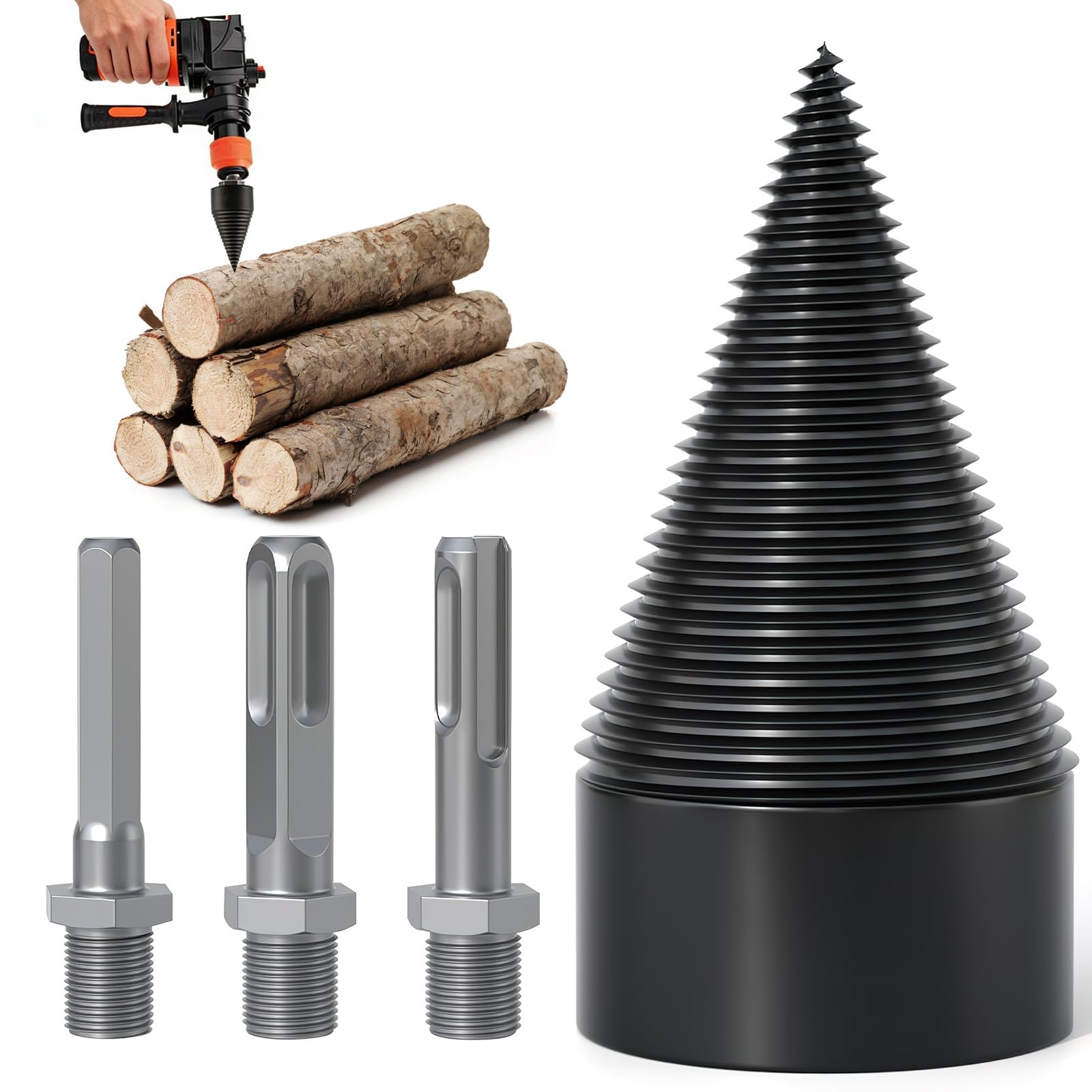 Broca para Hender Madera 32 mm con 3 Vástagos, Cono Roscado, Broca para Taladrar y Hender, Partidor de Troncos, Divisor de Madera, para Hender Madera y para Operaciones Forestales