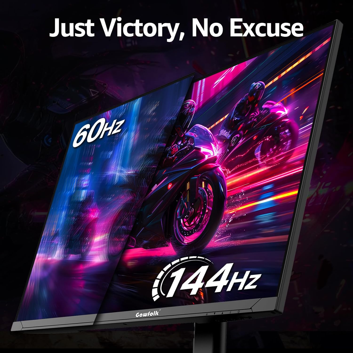 Monitor displaying a fast-paced scene, comparing 60Hz refresh rate to 144Hz refresh rate.