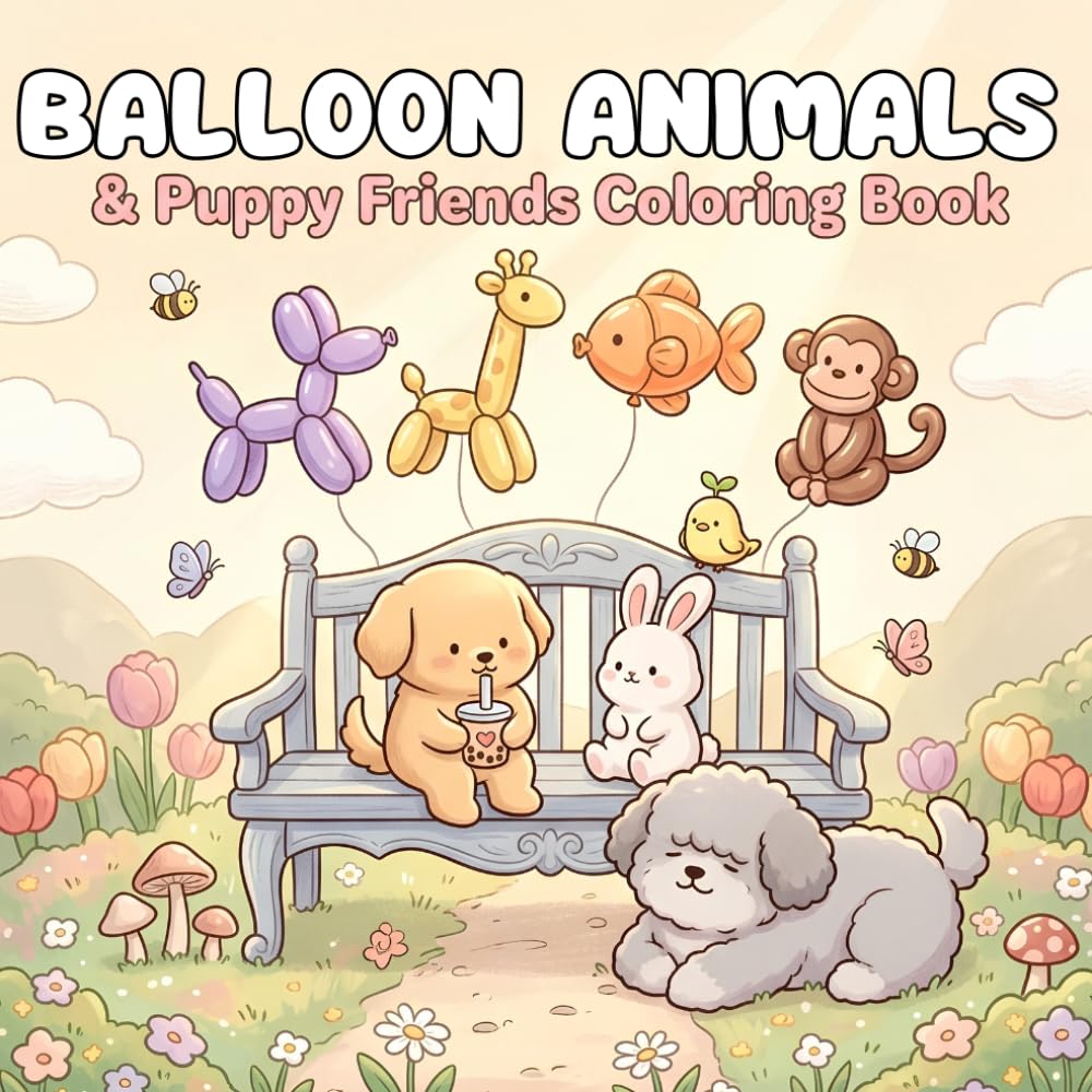 Balloon Animals & Puppy Friends Coloring Book for Adults and Teens: Bold and Easy Cute Dog Coloring Pages with Balloon Animals, Cozy Fun Scenes, Stress Relief and Relaxation Gifts
