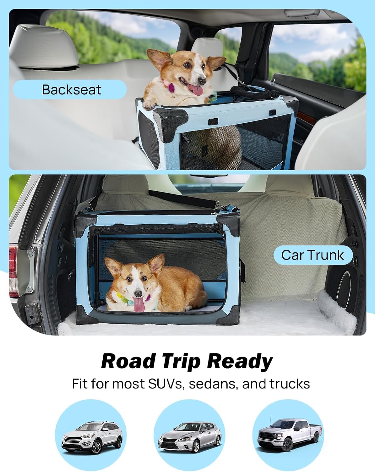 JOYTUTUS Collapsible Dog Crate, 26 Inch Portable Pet Crate for Car, Travel Dog Kennel Foldable Dog Crate for Medium Dog 44lbs, Soft Cat Carrier Fit for Indoor & Outdoor/Car Back Seat/Trunk (Blue)