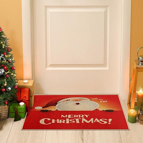 Miniatura 2 de Arttown Tapete de Navidad para puerta de exterior, diseño de Papá Noel, diseño de dibujos animados, color rojo, para puerta delantera, de invierno,