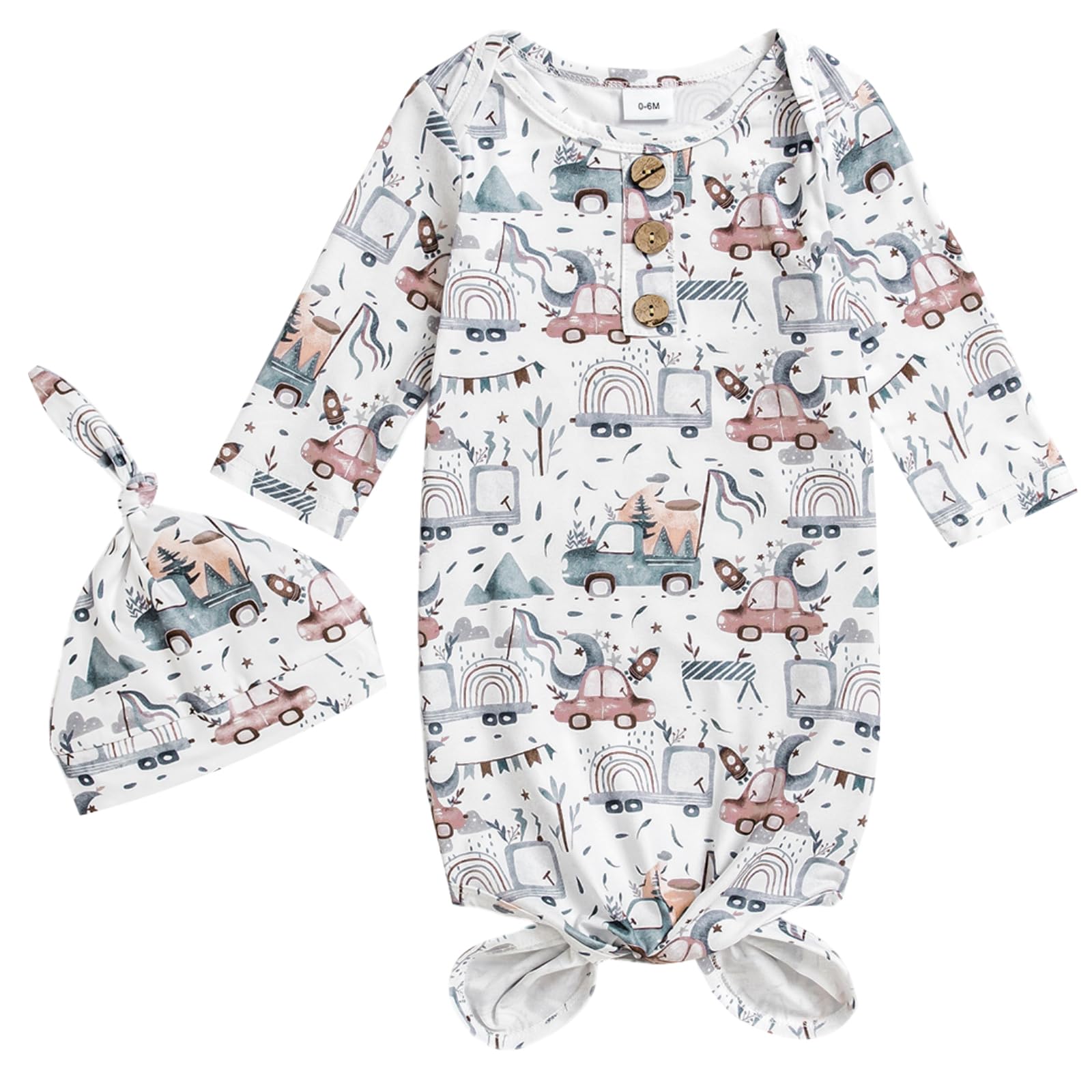AMAWMW Newborn Baby Boys Girls Cartoon Sleeper Gown Long Sleeve Mountain Nightgown Hat Outfits