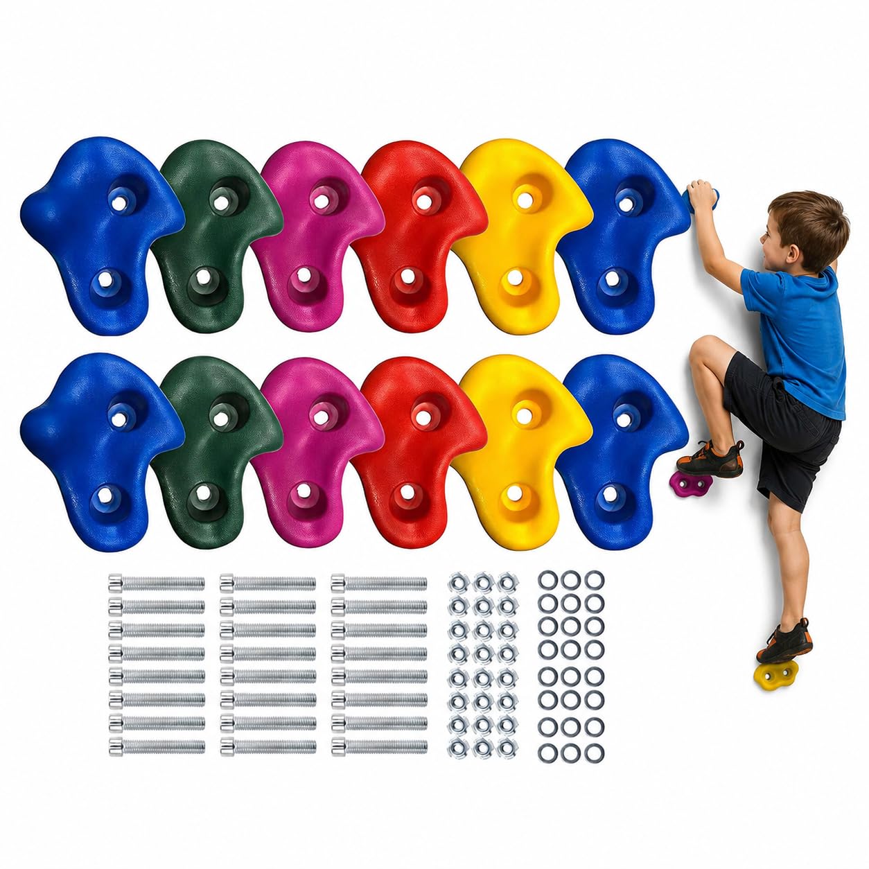 REZNOR Rock Climbing Holds for Kids & Adults | 12 Multi-Size Climbing Wall Holds with Hardware Kit | Indoor Outdoor Climbing Stones | DIY Rock Wall, Jungle Gym & Backyard Play Set