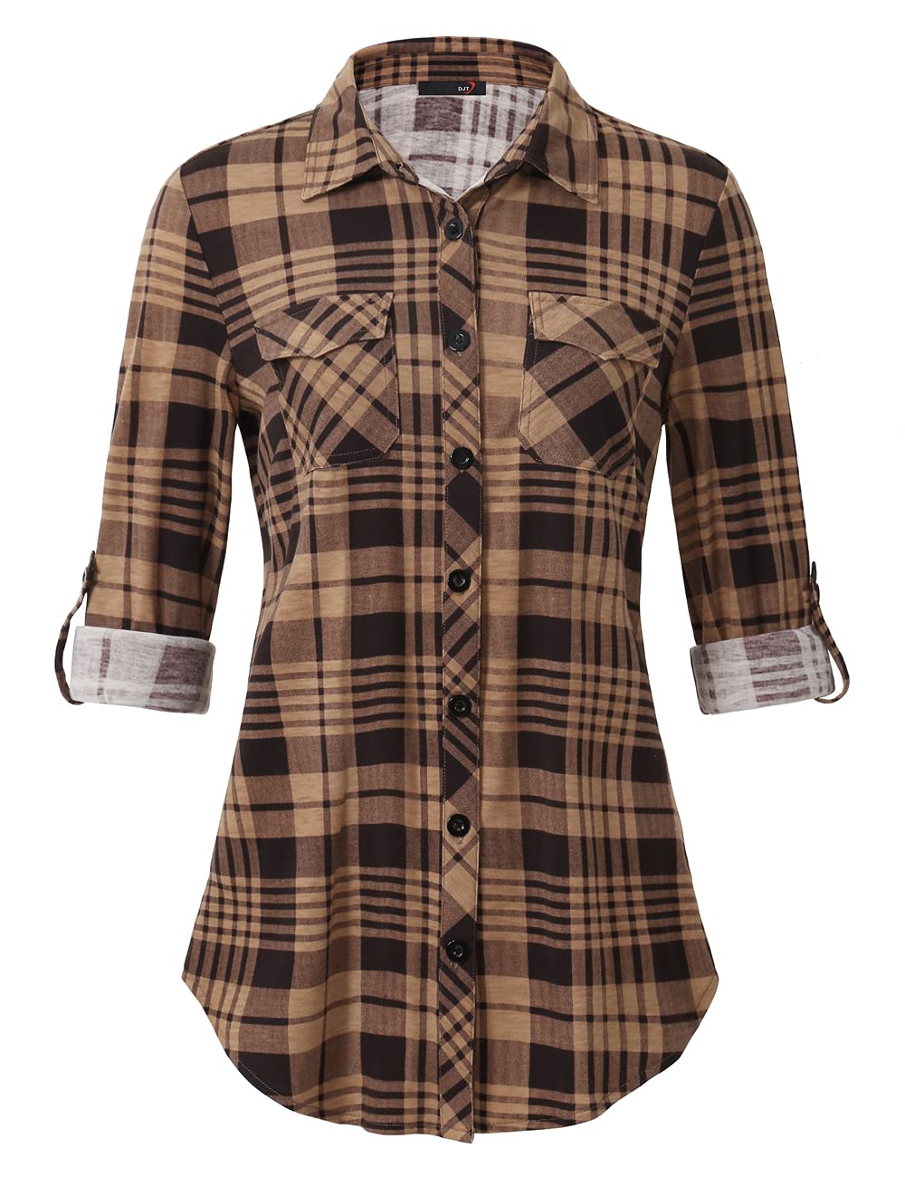 DJT Damen Weiches Gestrick Kariertes Blusen Langarm Oberteile Roll Up Ärmel Hemdbluse Button Down Tops