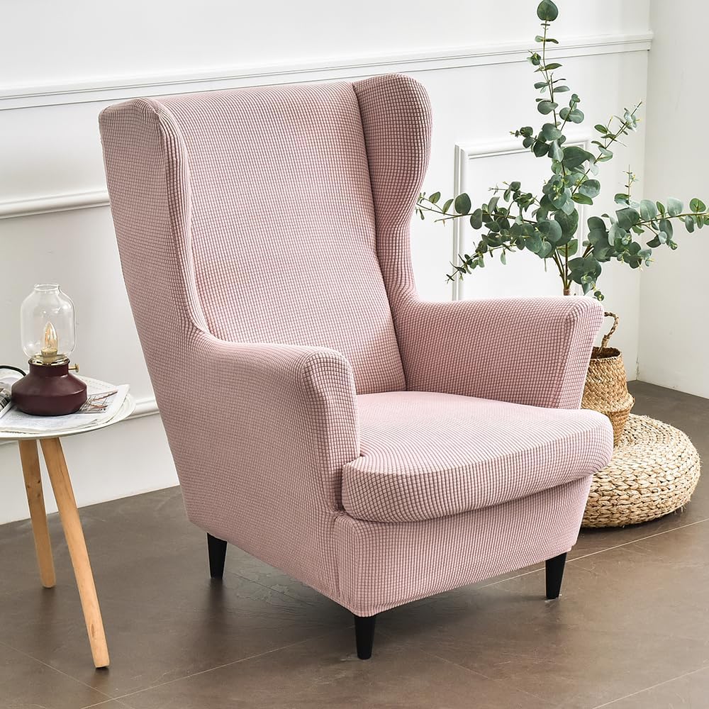 Morbuy Wingback Chair Slipcover, Wingback Chair Covers 2 Piece Washable Stretch Wingback Chair Cover, Wing Back Chair Covers with Arms for Living Room Bedrooms Armchair (Pink)