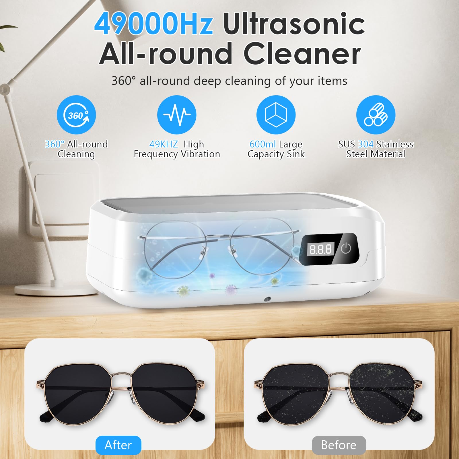 Ultraschallreinigungsgerät Brille, 49KHz Hochfrequenz Ultraschallreiniger Professioneller mit 4 Modi, 600ml Sonic Cleaner mit digitalem Timer für Brillen, Ringe, Fingerringe, Zahnersatz