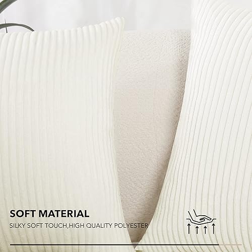 Miniatura 4 de Deconovo - Juego de 2 fundas de cojín de pana suave, 20 x 20 pulgadas, patrón de rayas color liso blanco crema, fundas decorativas para sofá,