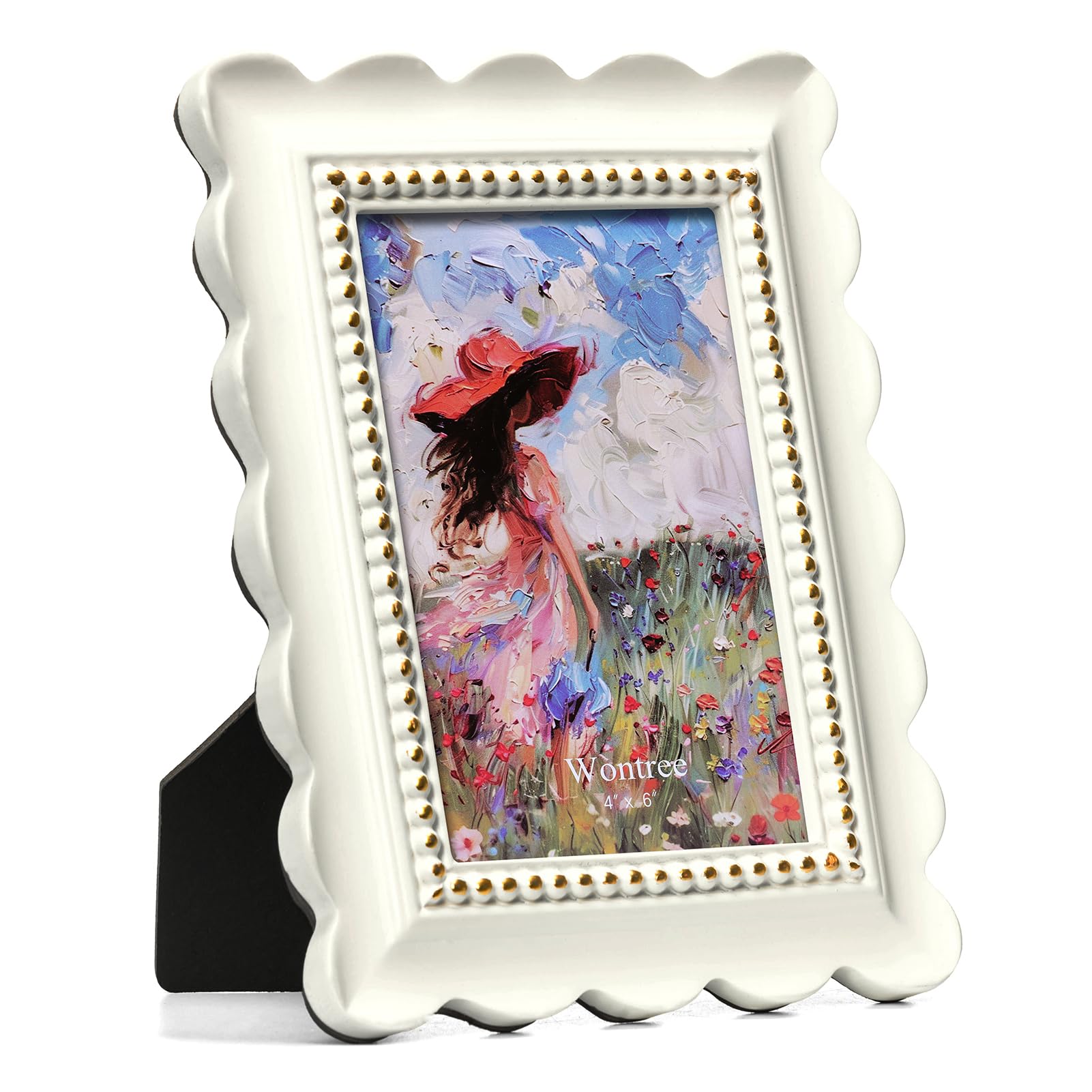 Wavy 4x6 Picture Frame White with Gold Beaded Trim, Resin Frame with Real Glass, Display 4x6 Photos Matted to 3x5, Vertical and Horizontal Desk Tabletop or Wall Hanging