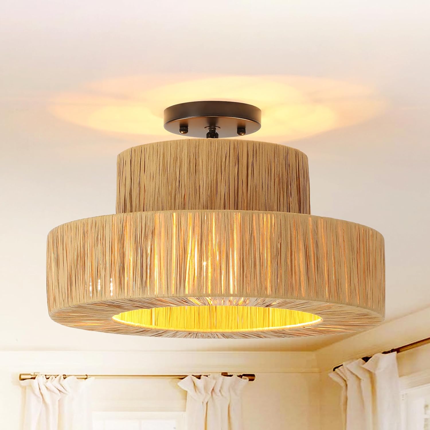 boho rattan ceiling light fixtures, 15.7 inch 3-light raffia drum semi flush mount lights hand woven coastal ceiling lighting for bedroom hallway kitchen brown 3-light, d 15.7"