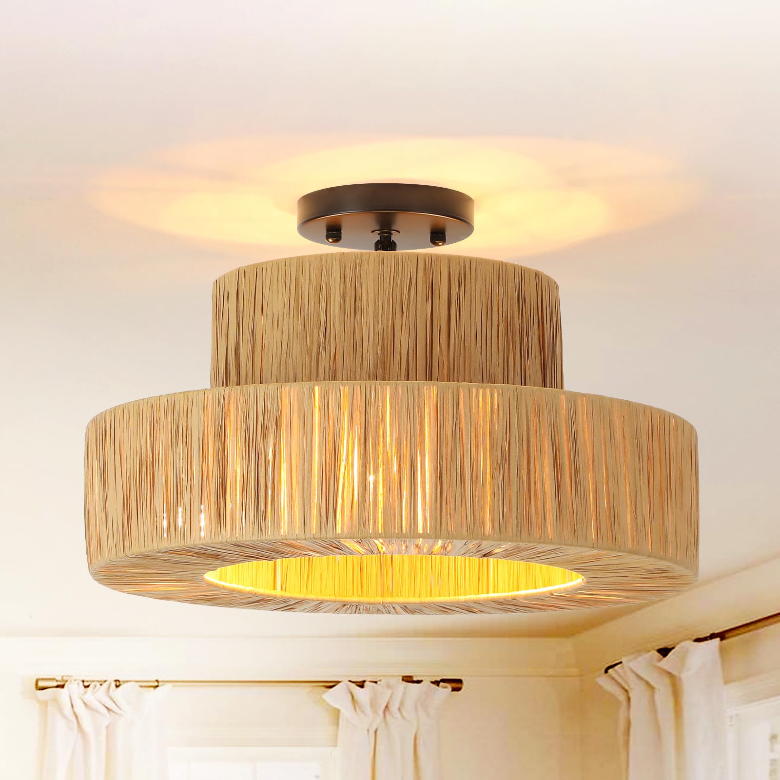 Karjearl Boho Rattan Ceiling Light Fixtures, 15.7 Inch 3-Light Raffia Drum Semi Flush Mount Lights Hand Woven Coastal Ceiling Lighting for Bedroom