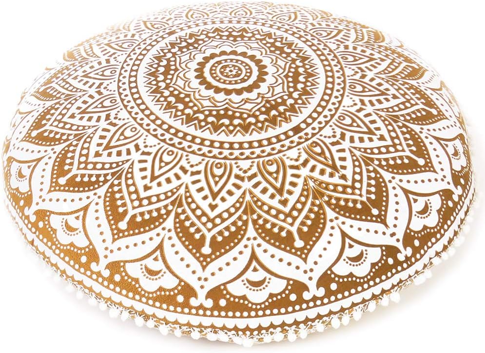 EYES OF INDIA - 32" Brown White Floor Meditation Pillow Cushion Seating Throw Cover Hippie Mandala Round Colorful Decorative Bohemian Accent Indian Boho Chic Dog Bed Handmade Cover ONLY