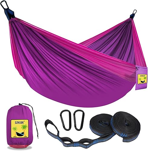 SZHLUX Hamaca de camping doble e individual Hamacas portátiles con 2 correas de árbol y bolsa de transporte adjunta, ideal para exteriores,
