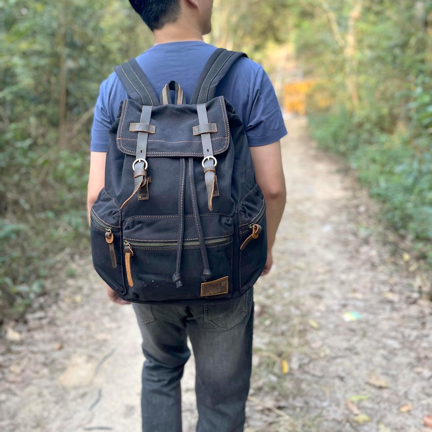 AUGUR High Capacity Canvas Vintage Backpack - for School Travel 12-15.6" Laptop Backapcks for Men Casual Daypacks Rucksack (L-Black) - Image 6