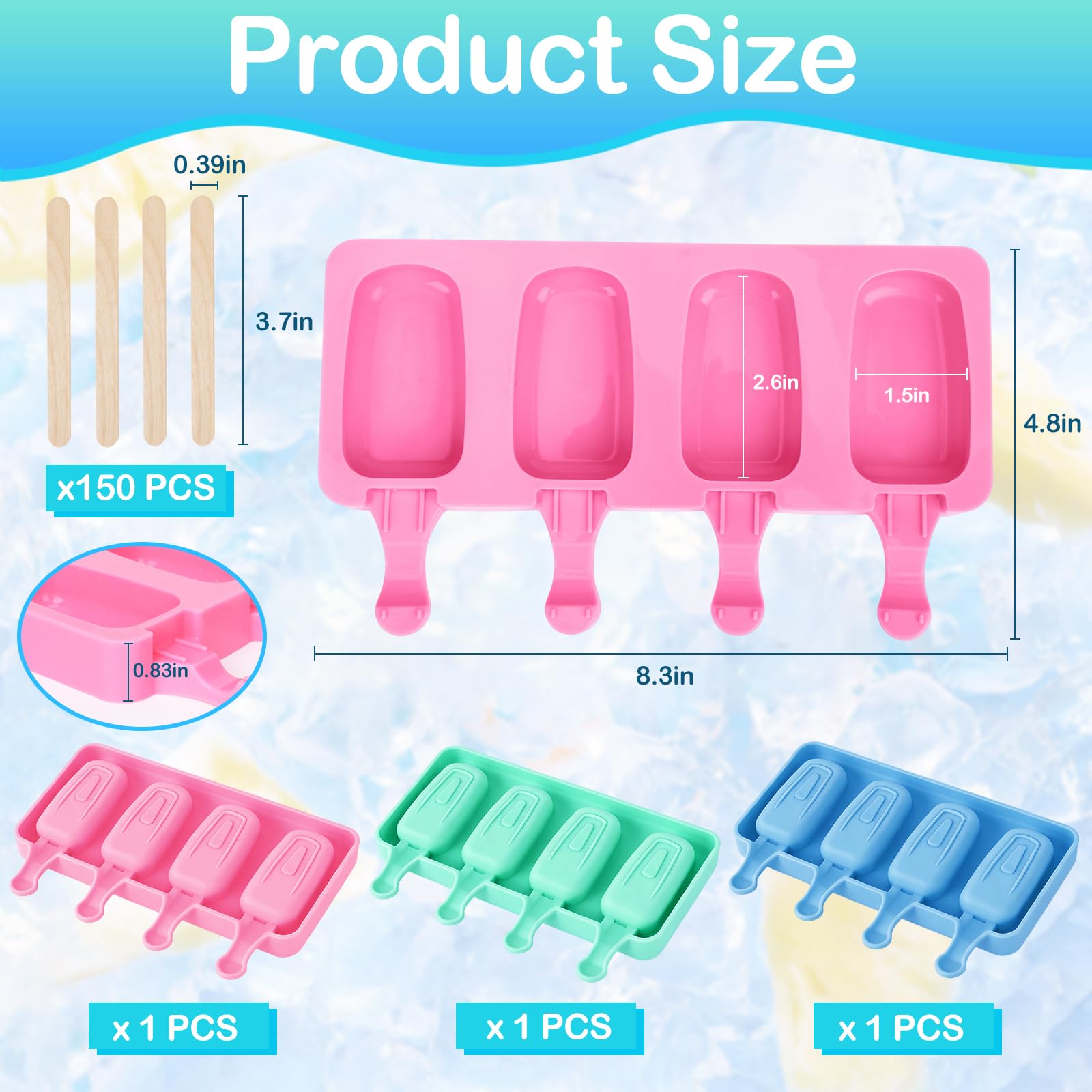 Silikonform für Eis am Stiel, 4 Mulden, ovale Cake-Pops-Form mit 150 Holzstäbchen für selbstgemachte Eiscreme, Eis, Kuchen, Rosa, Blau, Grün, 3 Stück