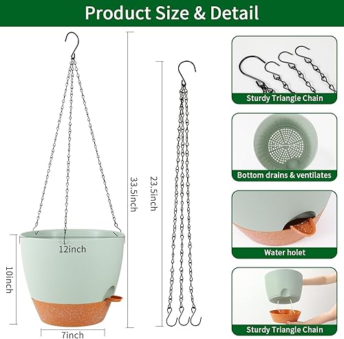 Miniatura 2 de GARDIFE Macetero colgante grande de 12 pulgadas para interiores y exteriores, maceta de riego automático, colgador de plantas, color verde