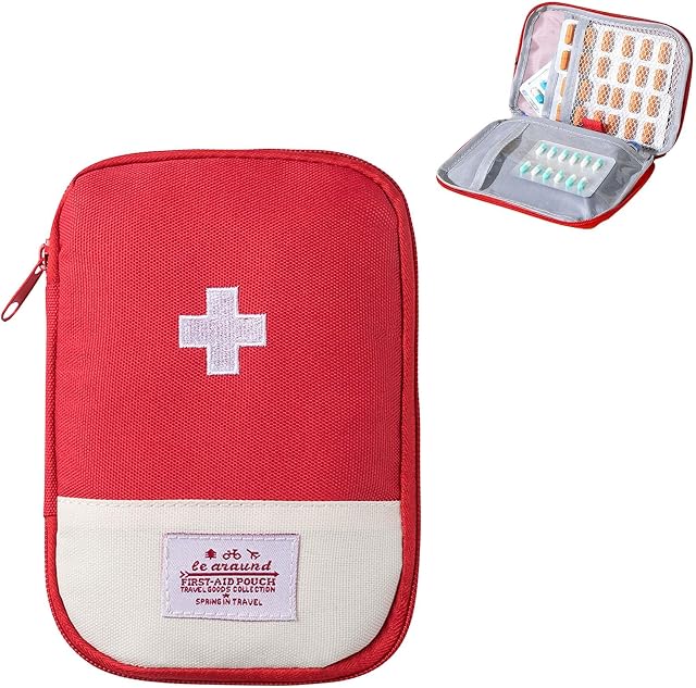 First Aid Bag Empty, Small Portable Empty First Aid Kit Bag, Lightweight Waterproof Medical Storage Pouch, Dividers Travel Medicine Bag for Home Office Camping Hiking Car Emergency, Red