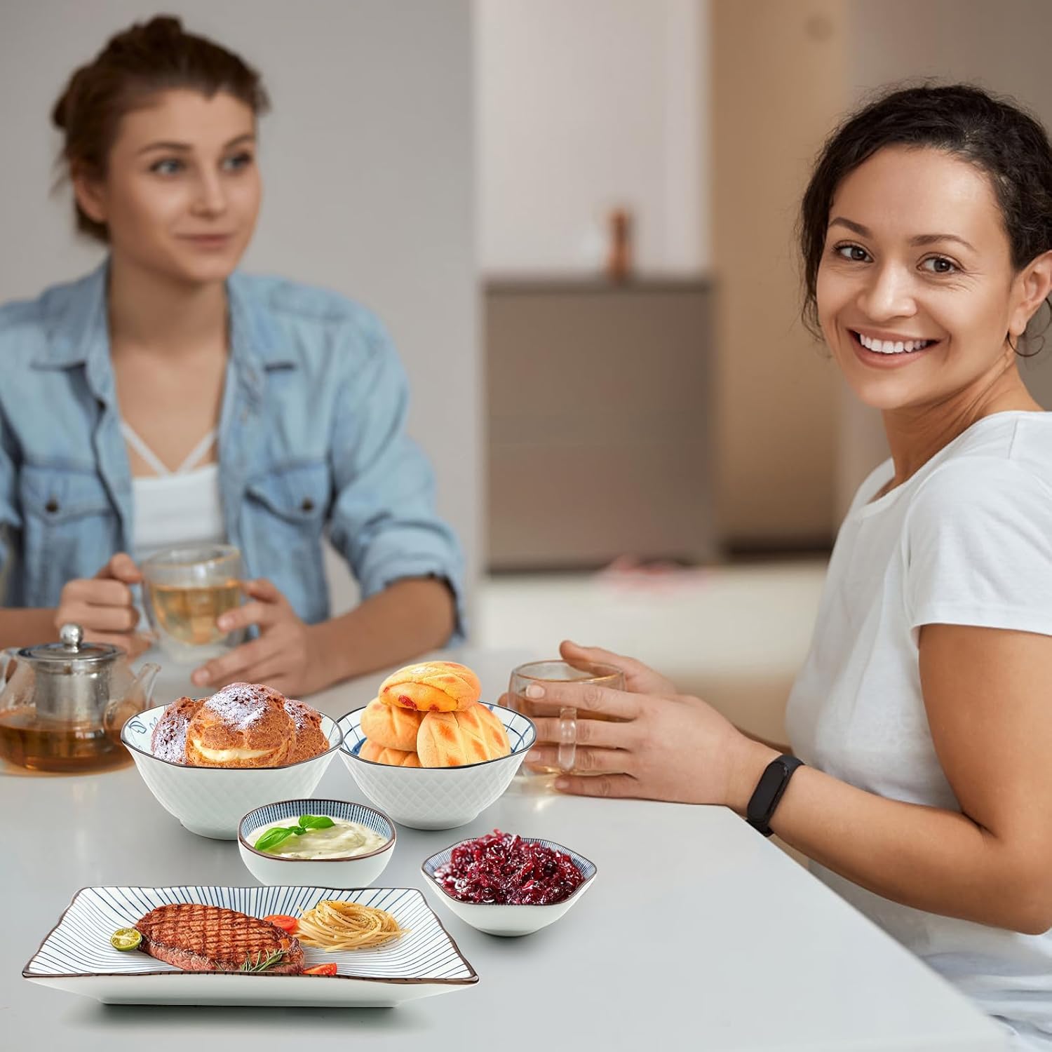 7 Pcs Japanese Style Ceramic Sushi Plate Set include 8.4 inch Rectangle Sushi Plates, 2 Sauce Bowls,2 Sauce Dish and 2 Pairs of Chopsticks for Dinner,Parties,Meat,Dessert,Dishwasher and Microwave Safe