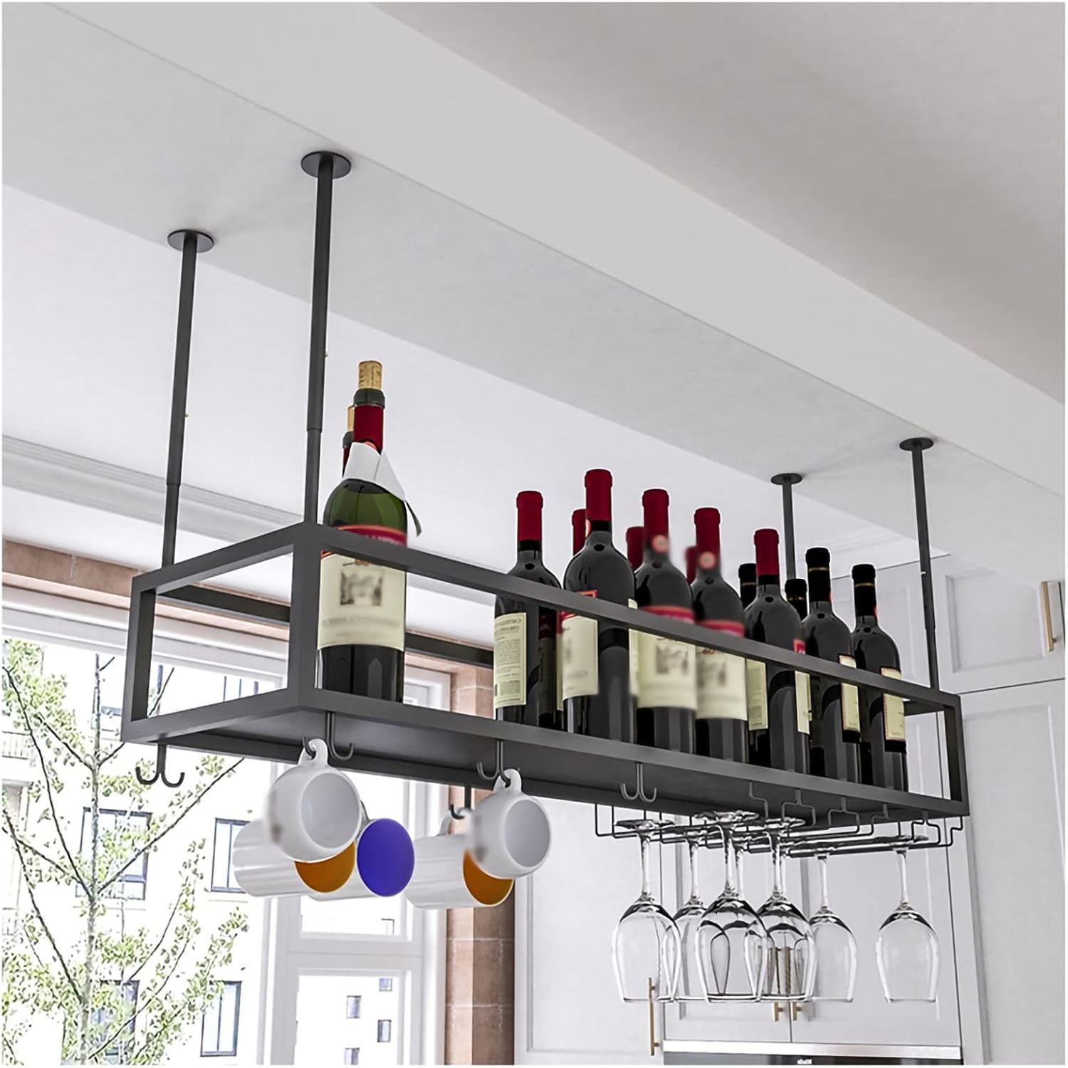 Ceiling Hanging Glass Rack, 11.8-23.6 inch Height Adjustable Hanging Rack, Black/Gold Wall-Mounted Glass Rack Perfect for Bar Cafe Kitchen,Black-100x25x21cm