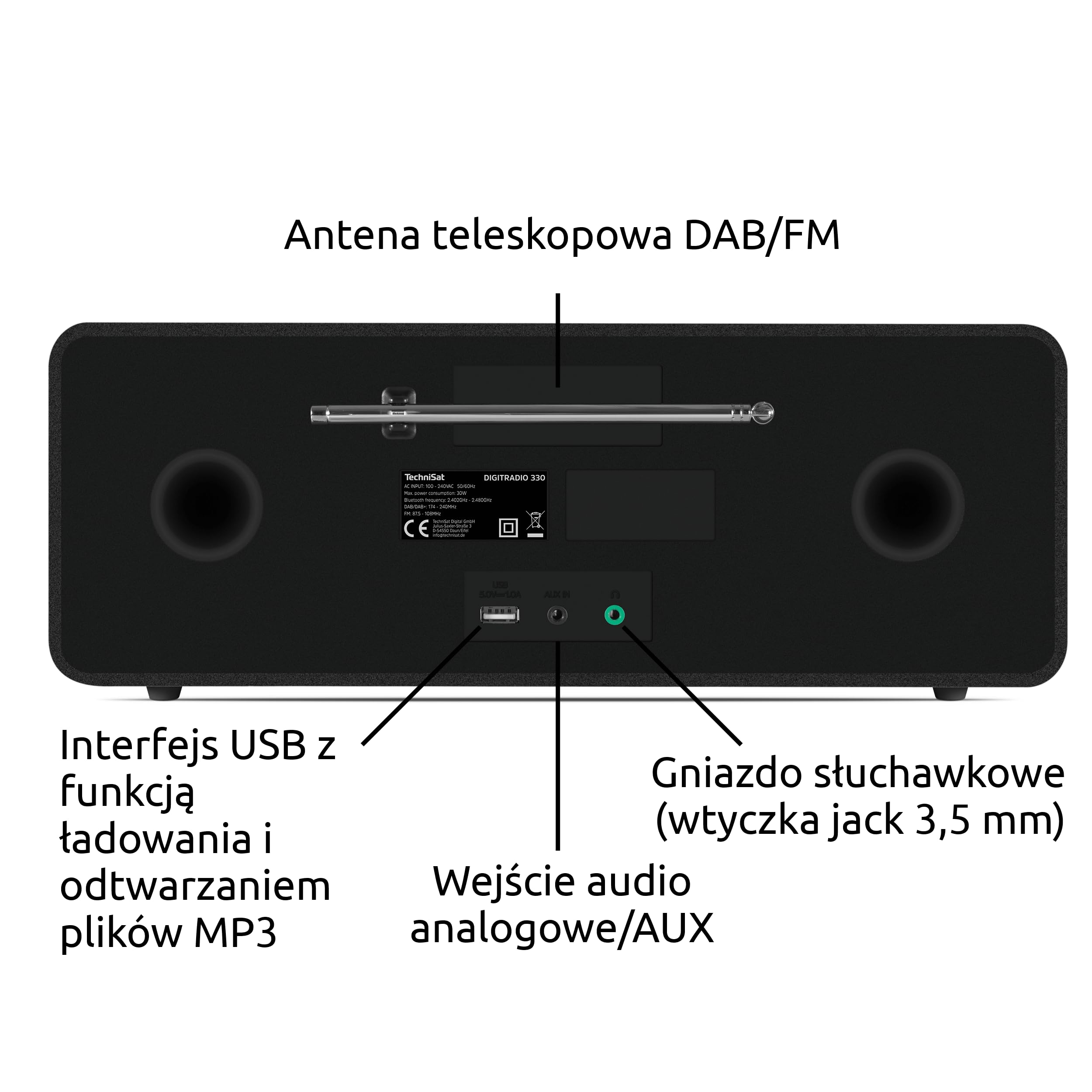 TechniSat DIGITRADIO 330 – radio stereo DAB+ FM z odtwarzaczem CD (Bluetooth 5.3, odtwarzanie MP3 z USB i funkcja ładowania, kolorowy wyświetlacz 2,4", budzik radiowy, pilot) czarne