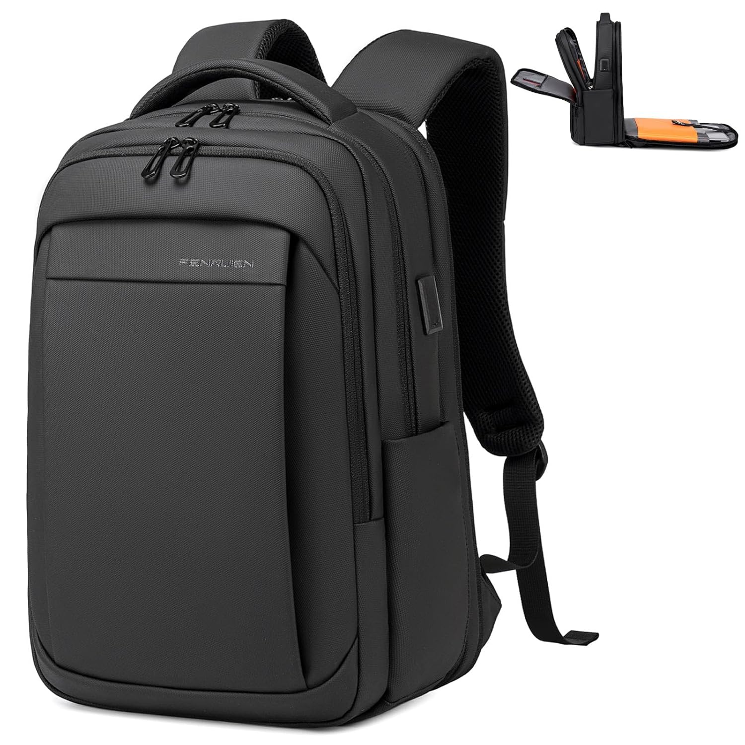 FENRUIEN Expandable Travel Backpack for Men Water Resistant Computer Backpack with USB Charging Port Black Laptop Bag 15