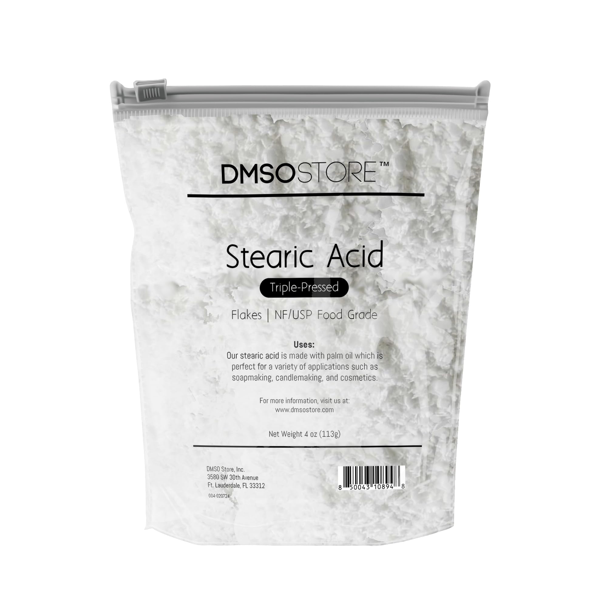 Stearic Acid 4 oz. White Flakes Triple Pressed NF/USP Food Grade A Natural, Vegetable-Based Fat Used for Formulation Stability in Cosmetics, Candles, and Soap | No additives.