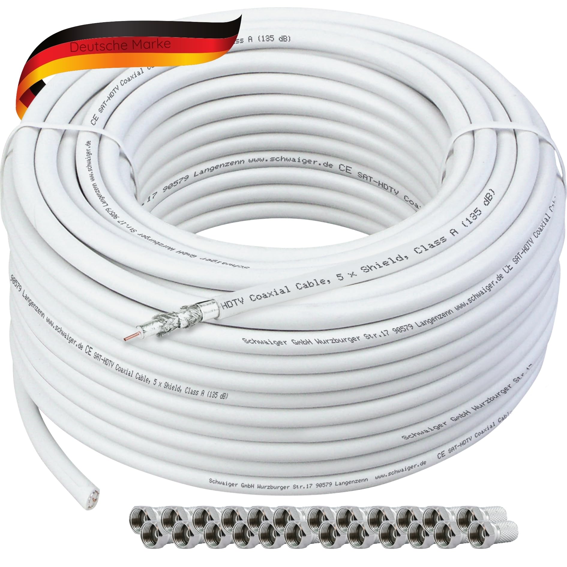 SCHWAIGER 9598 - Cavo coassiale 50 m, 135 dB, cavo antenna satellitare, 75 ohm, schermato, resistente all'umidità, 8,2 mm, diametro cavo bianco, con spina F