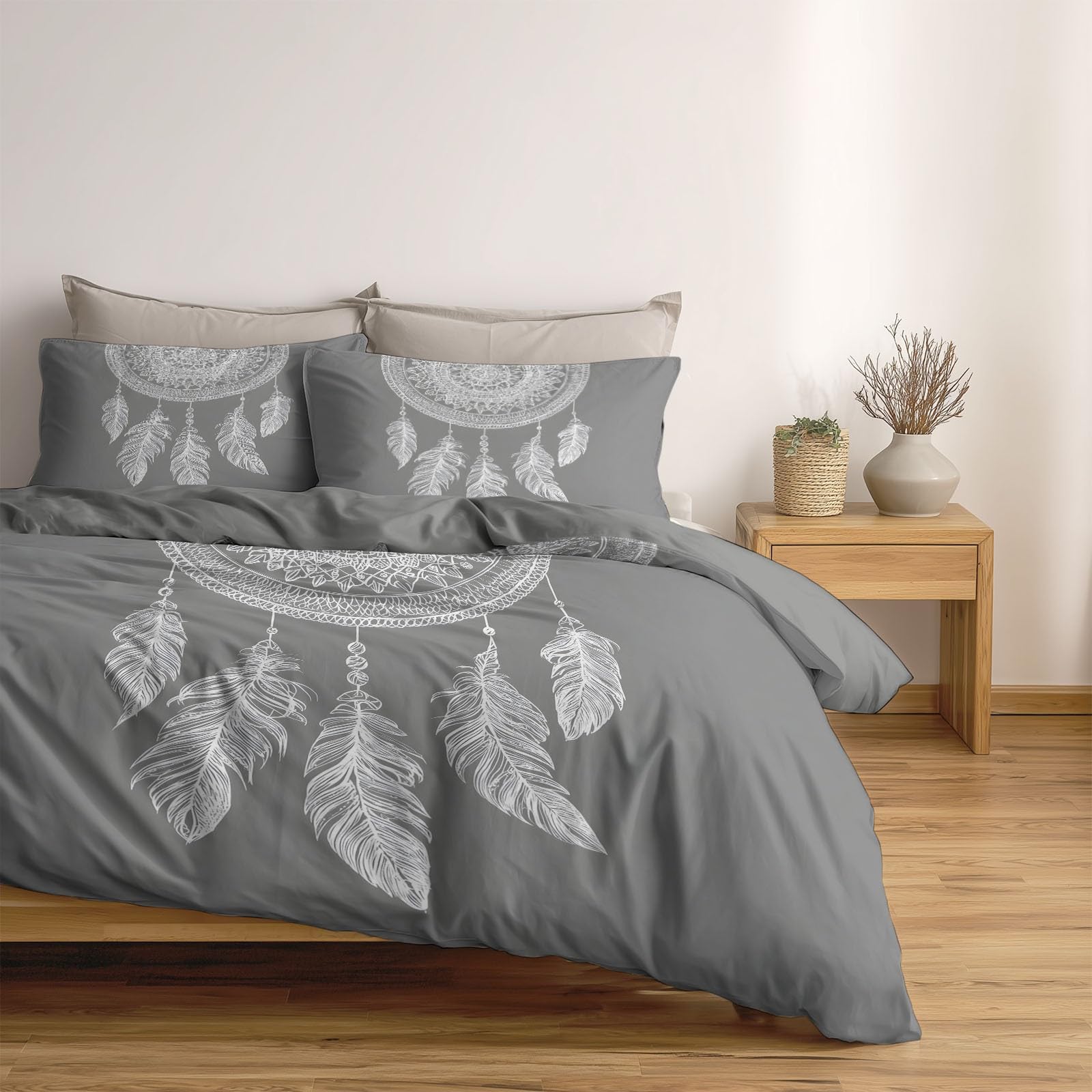 Generisch Romantischer Boho 3-teiliges Bettwäsche-Set, Grau 1 Bettbezug 180 x 200 cm und 2 Kissenbezüge 80 x 80 cm, Spitze Feder TraumfängerWeiche Mikrofaser, Reißverschluss, Ganzjahres