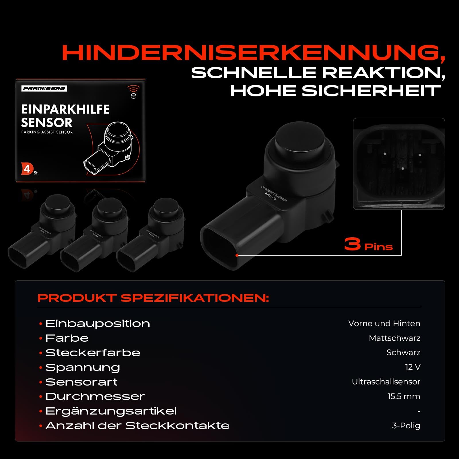 Frankberg 4x Parksensor PDC Sensor Vorne Hinten 3-Polig | Kompatibel mit Astra J Astra J Caravan Corsa D Insignia A Insignia B Grand Sport Replace# 13303039