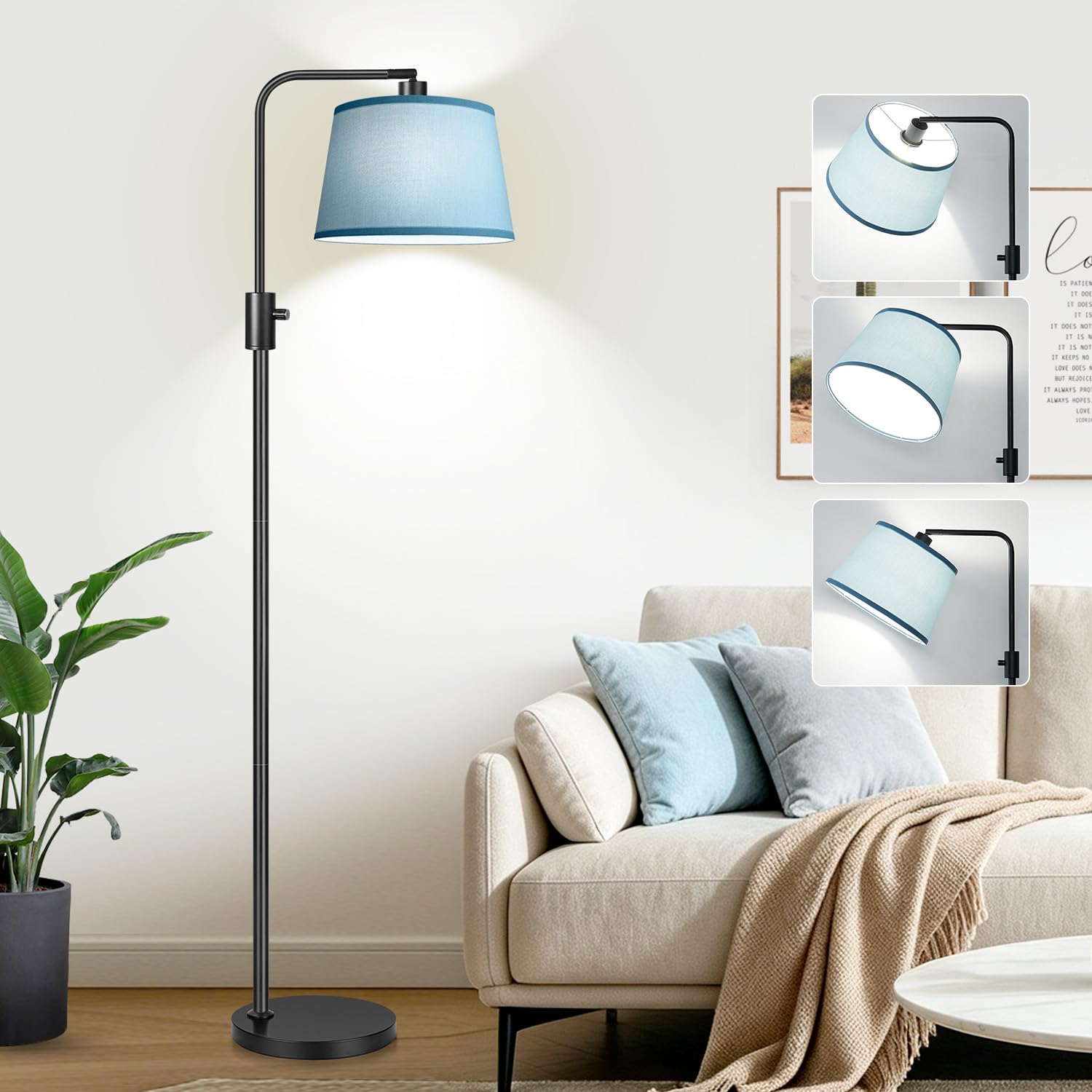【Upgraded】 Dimmable Black Floor Lamp, 1000 Lumens LED Edison Bulb Included, Arc Black Floor Lamps for Living Room Modern Standing Lamp with Sky Blue Shade, Tall Lamps for Living Room Bedroom Office