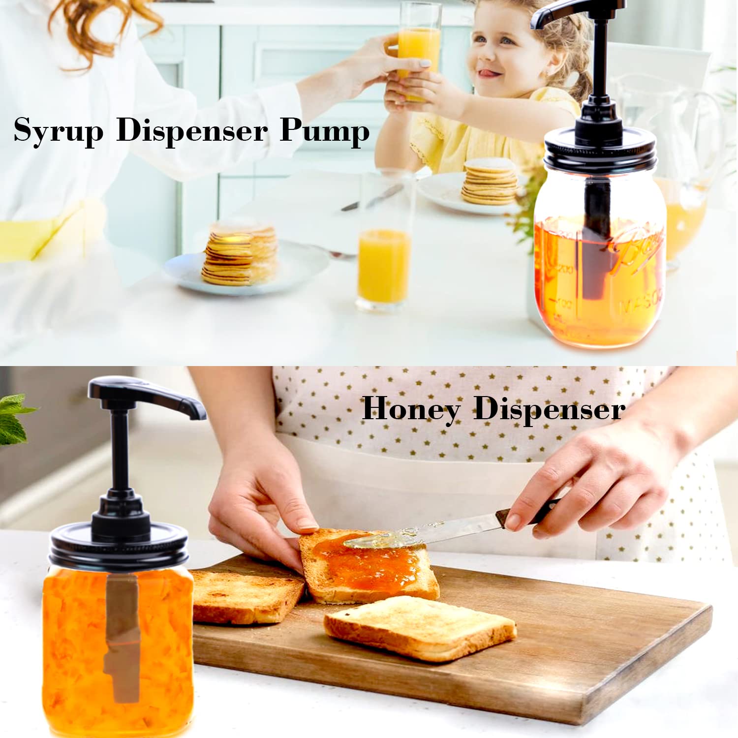Mason Jar Tapas dispensadoras de jarabe para tarro de boca regular (paquete de 2) Dispensador de miel de jarabe de café, grado alimenticio, herméticas y a prueba de fugas y óxido (tarro no