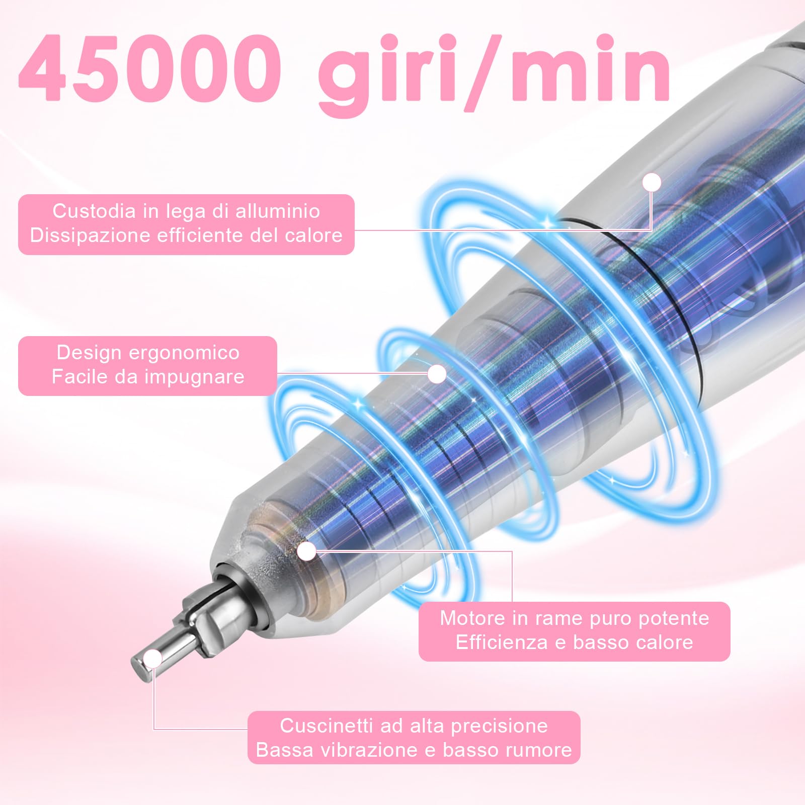 Fresa per Unghie Professionale 45000RPM Lima Unghie Elettrica con LED Intelligente e Modalità Pedale Manicure e Pedicure Kit Trapano Elettrico per Unghie Gel, per Studio Estetiste Casa Regali