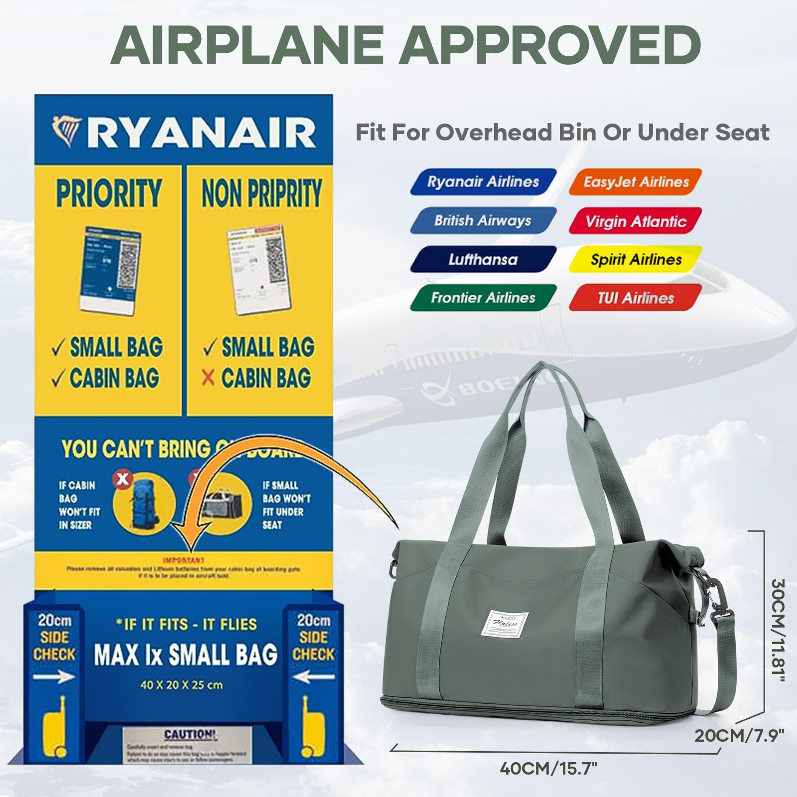 Reisetasche Damen Sporttasche 40x30x20 Ryanair Handgepäck Tasche Weekender Bag Schwimmtasche Wasserdicht Travel Bag Duffle Bag Wickeltasche Trainingstasche Frauen für Reise Gym,grün