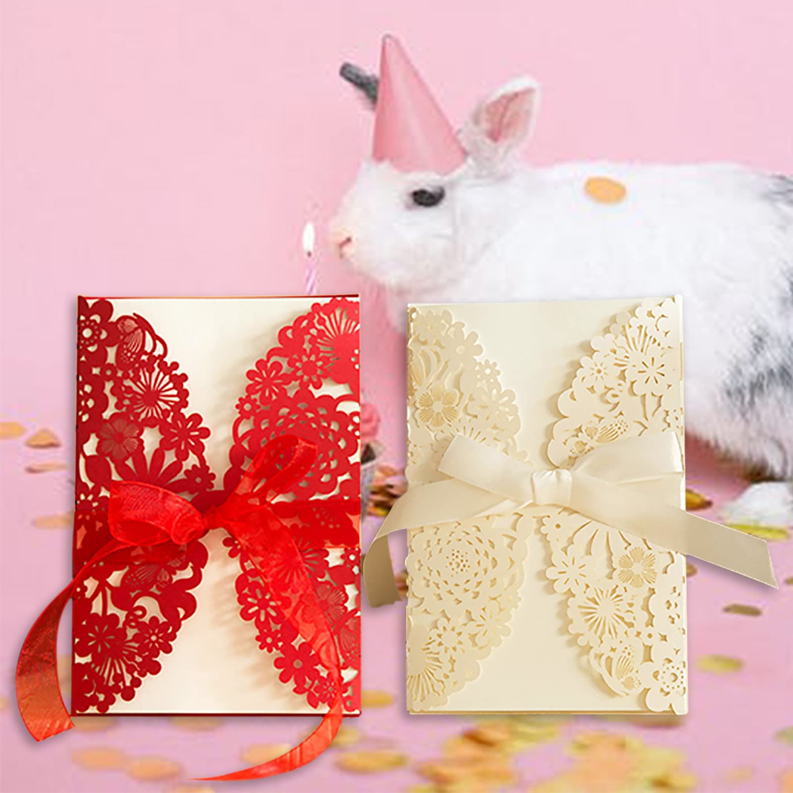 Biglietti d'invito per matrimonio con taglio floreale cavo e buste vuote all'interno, fiocco incluso, confezione da 10 o 25, 12,7 x 18,5 cm piegati, oro o rosso (25 uds.)
