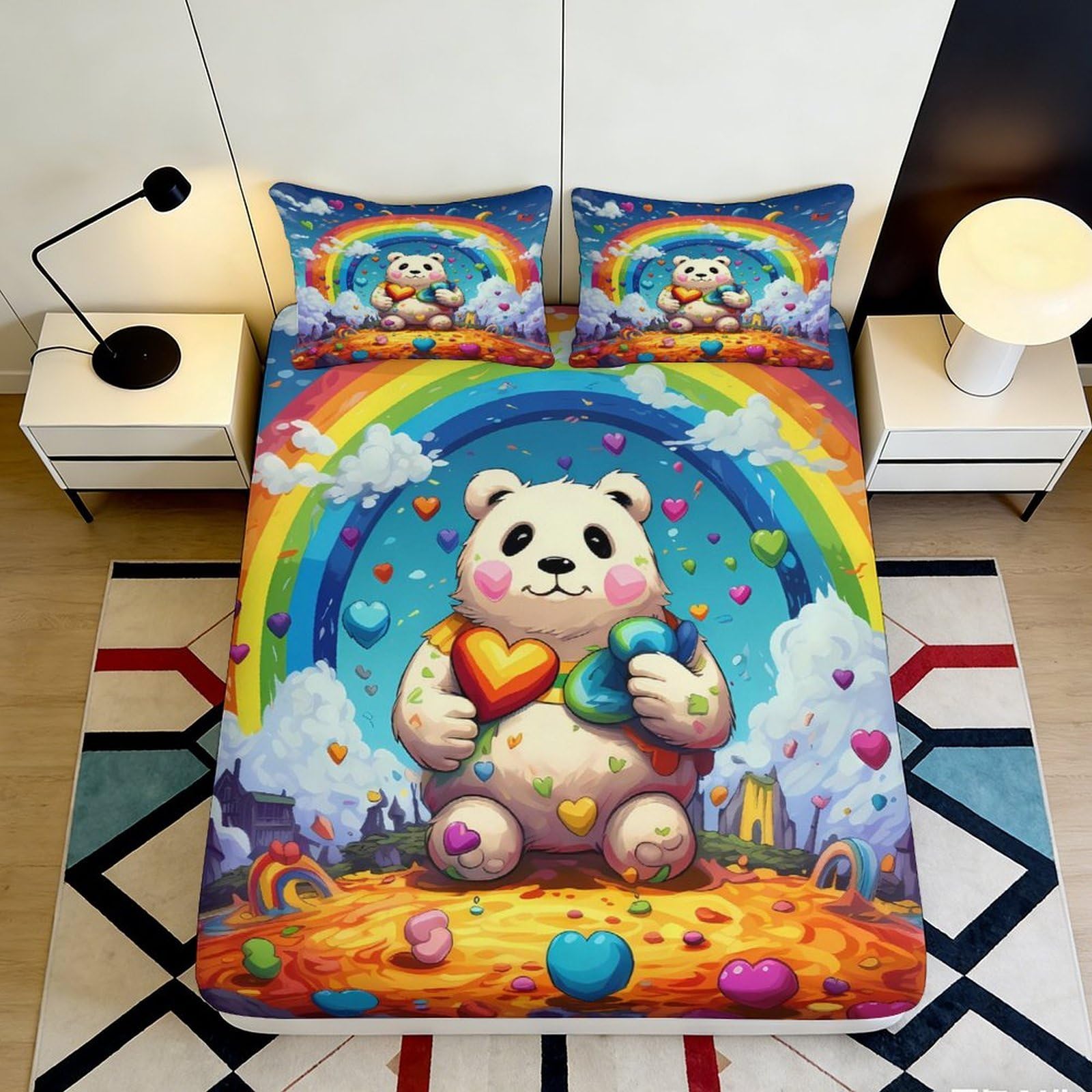 3D Printed Rainbow Teddy Bear Fitted Sheet Microfiber Soft Breathable Cartoon Clouds Mattress Cover for Bedroom Dorm Decor 90x200x25cm