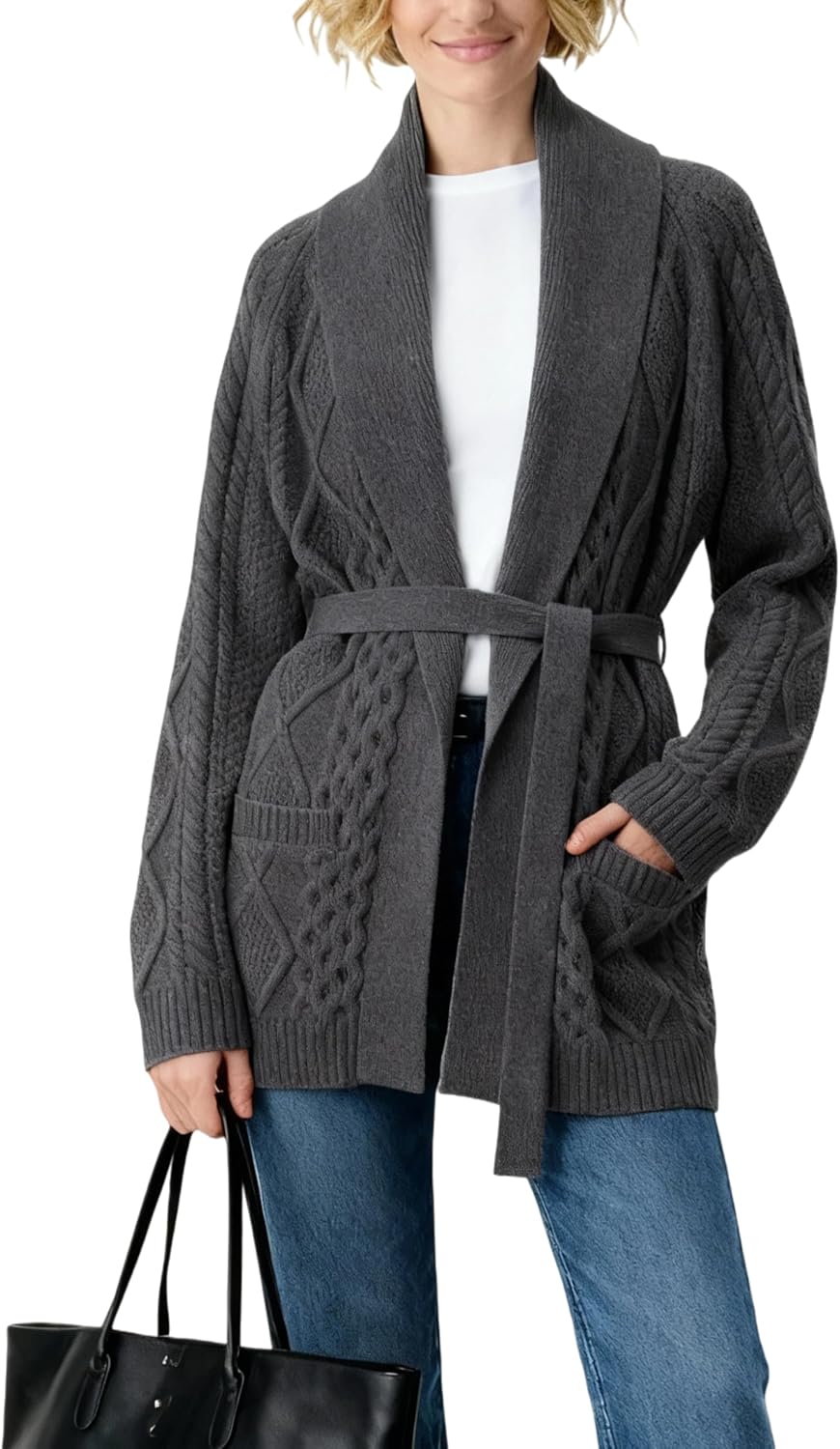 Majdan Womens Cable Knit Open Front Cardigan Casual Long Sleeve Wrap Sweater with Removable Belt