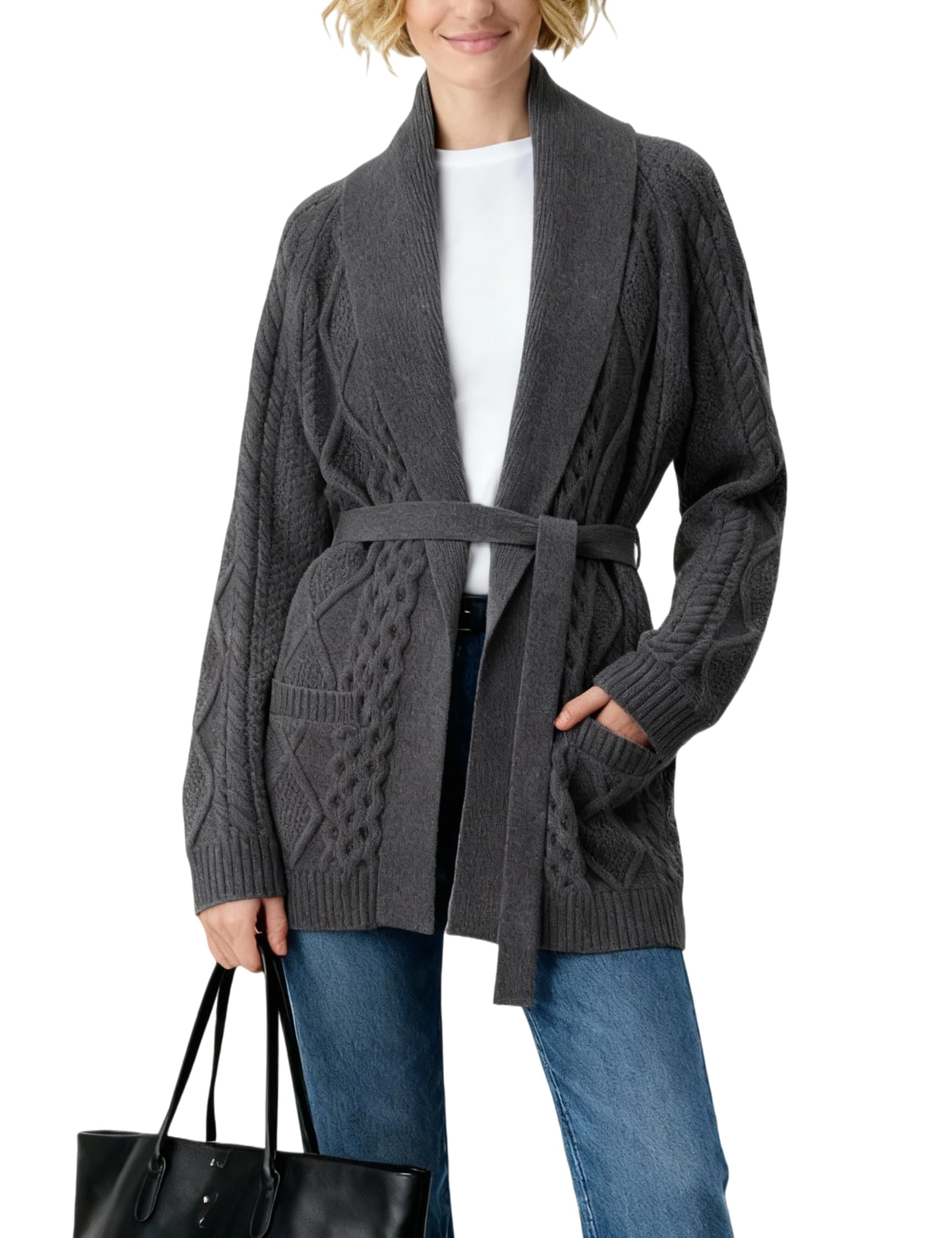 Majdan Womens Cable Knit Open Front Cardigan Casual Long Sleeve Wrap Sweater with Removable Belt