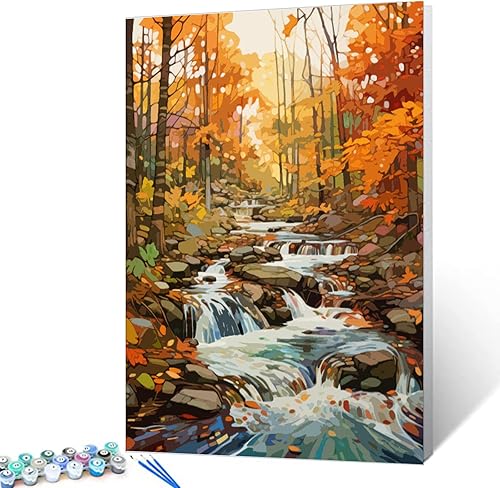 Miniatura 2 de Pintura por números, bosque de otoño, cascadas, paisaje, paisaje abstracto, pintura sobre lienzo con pinceles, pinturas acrílicas, perfectas para