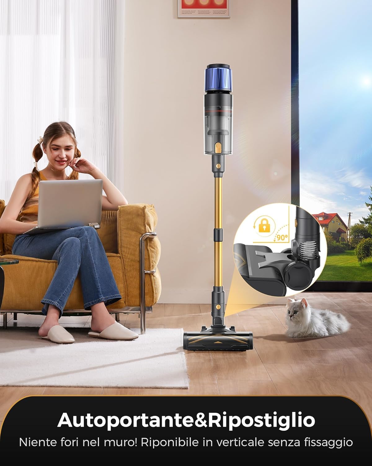 Proscenic P15+ Aspirapolvere Senza Fili 70Min/55Kpa/650W Scopa Elettrica Senza Fili Potente Autonomia Asta Telescopica Regolabile Design Autoportante Tecnologia GreenEye per Pavimenti e Tappeti