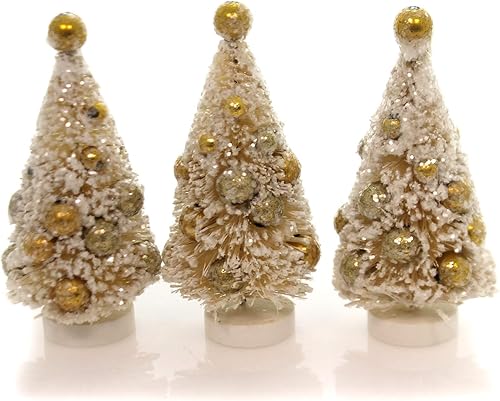 Miniatura 2 de Primitives by Kathy 4 pulgadas de alto cerda de mica caja de plástico de sisal árboles de Navidad con cobre oro y plata decoración para el hogar