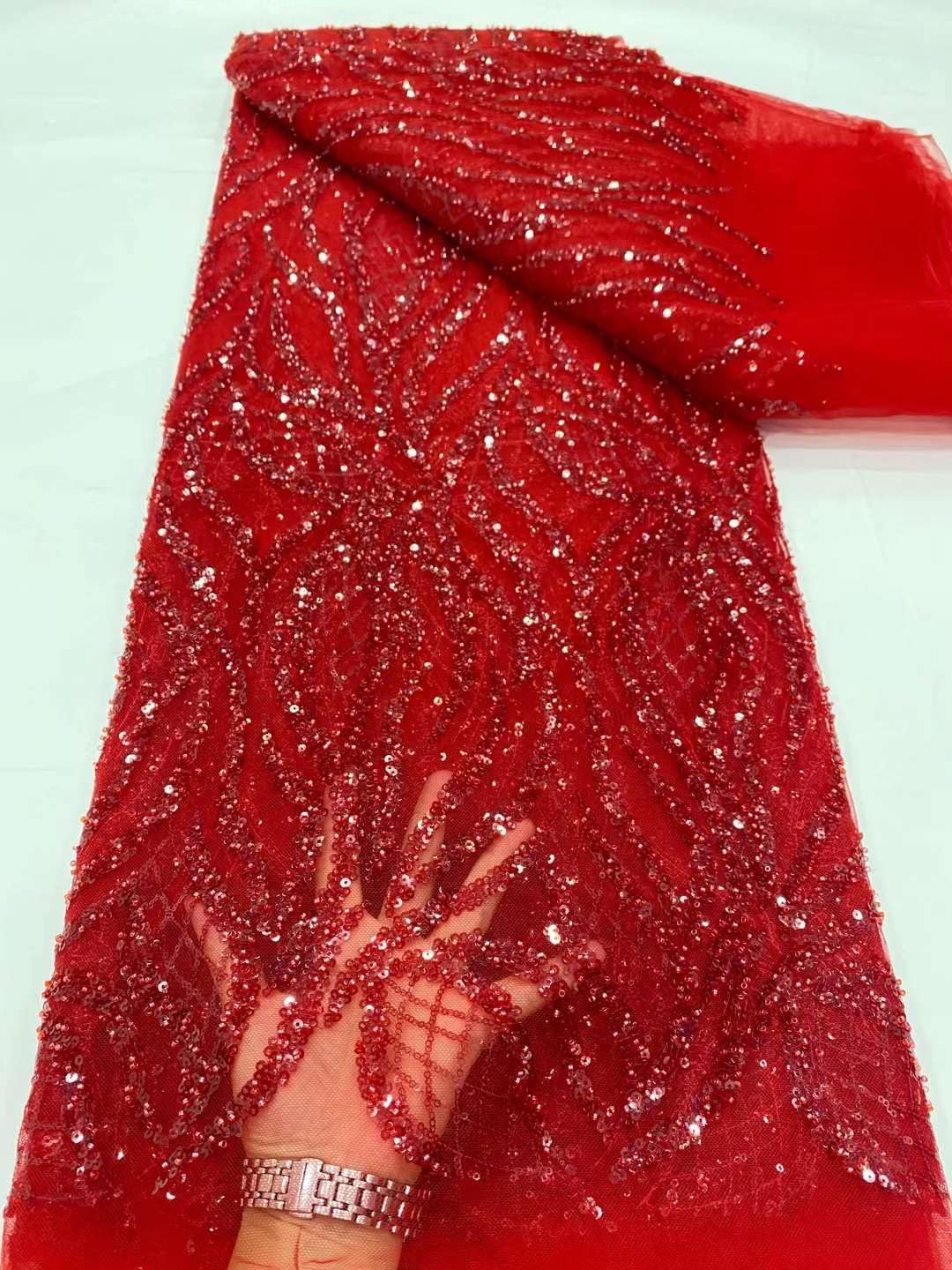 Shiny Sequins French Tulle Net Lace Fabric for Wedding Dress Ladies Gown 5 Yards Per Lot (Red,5 Yards)
