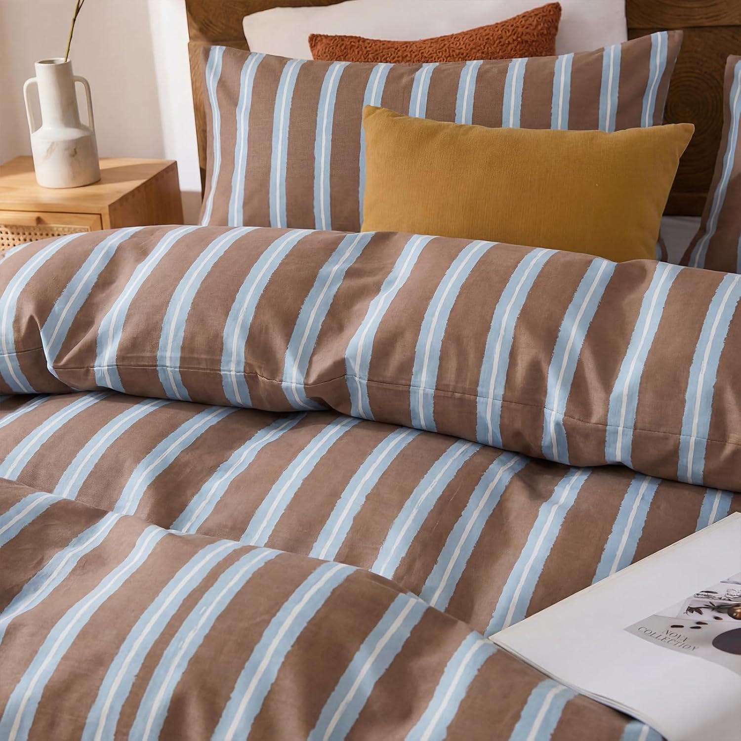 Herside Queen Duvet Cover Set,100% Cotton Double Gauze,Brown Blue Vertical Stripe Muslin Bedding,Soft Breathable Retro Farmhouse Bedding Set,3 Pieces