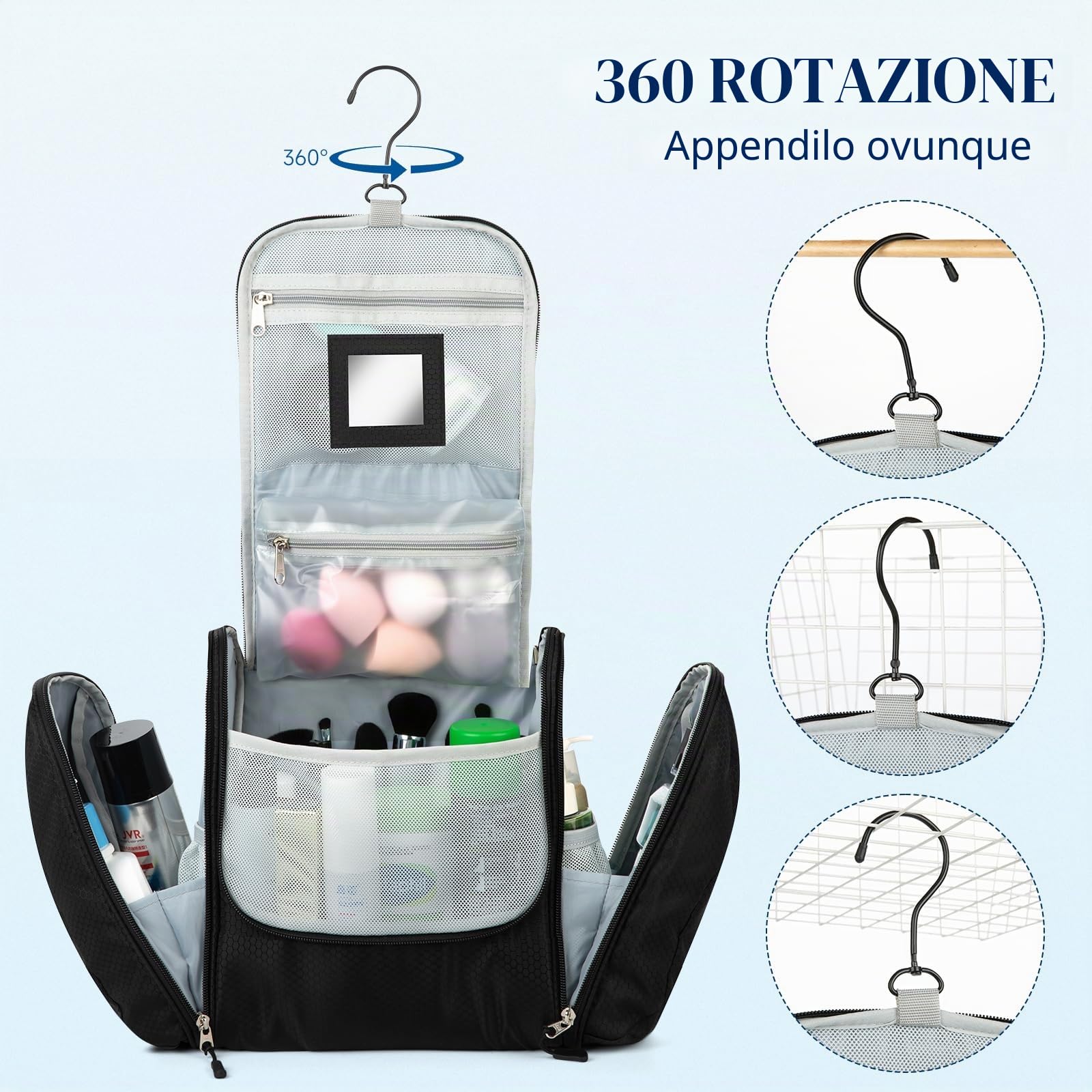 grande beauty case premium da appendere con specchio | Beauty case da donna con gancio | Beauty case da uomo | Beauty case da donna | Borsa per cosmetici grande, Nero XL, xl, Pratico