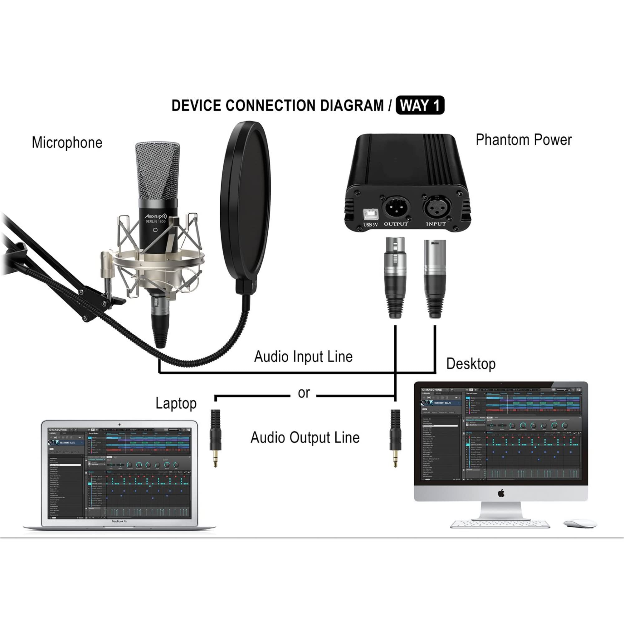 Audibax Berlin 1800 Silver Pro Studio mikrofon Condesandor, w zestawie uchwyt, anty-pop i kabel, zakres częstotliwości 20 Hz/20 kHz, mikrofon polarny, kardioid, srebrny