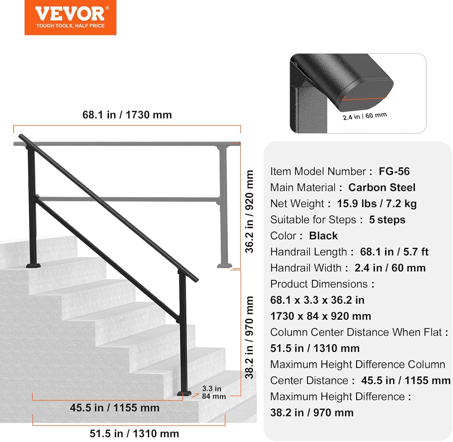 Detailed dimensions and specifications of the VEVOR 5-Step Outdoor Stair Handrail